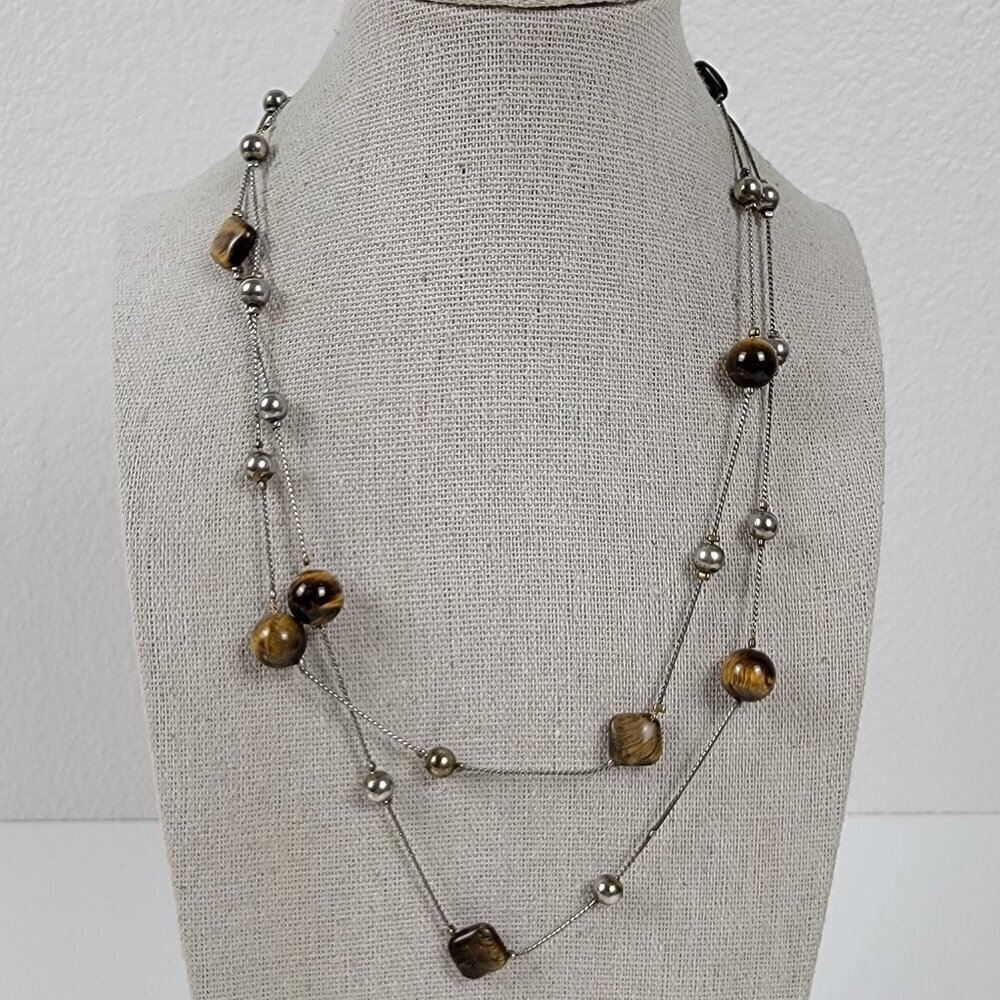 Silver-Tone Long Strand Tiger's Eye Station Necklace 37.5 In Opera Length
